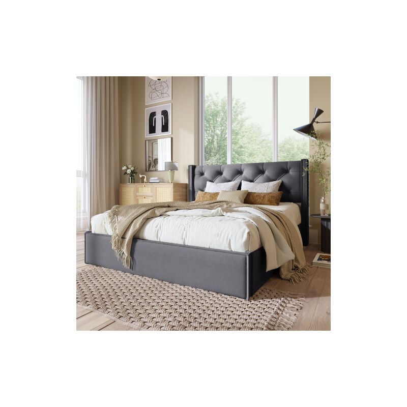 Liberté - Lit double rembourré hydraulique 140x200cm, lit avec sommier à lattes en métal, sommier moderne avec espace de rangement, coton, gris