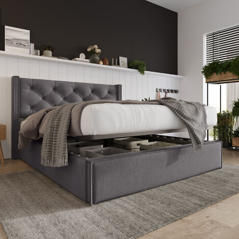 Lit double rembourré hydraulique 140x200cm, lit avec sommier à lattes en métal, sommier moderne avec espace de rangement, coton, gris