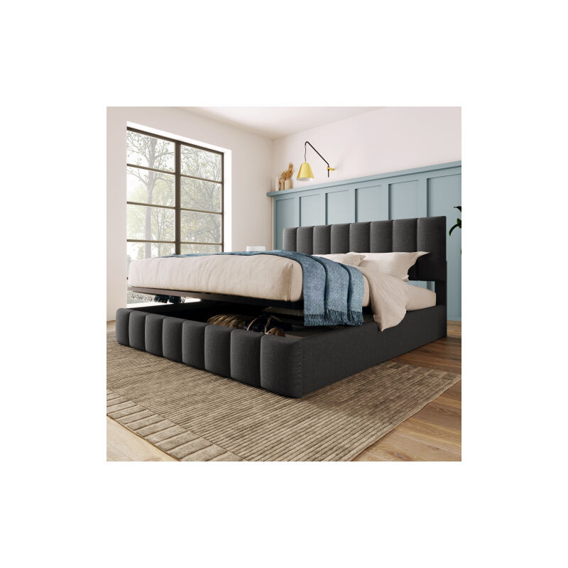 Lit double rembourré hydraulique 140x200cm, tête de lit réglable avec sommier à lattes, matériau en lin, moderne avec grand espace de rangement, gris