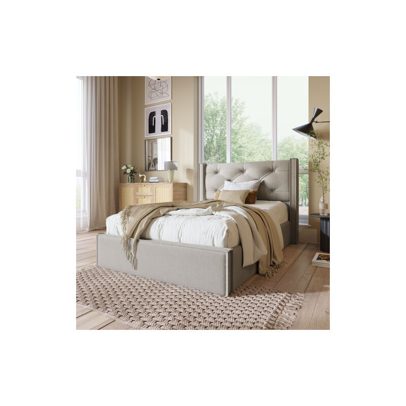 AIDUCHO Lit simple hydraulique rembourré 90x200cm, lit avec sommier à lattes en métal, sommier moderne avec espace de rangement, coton, gris clair