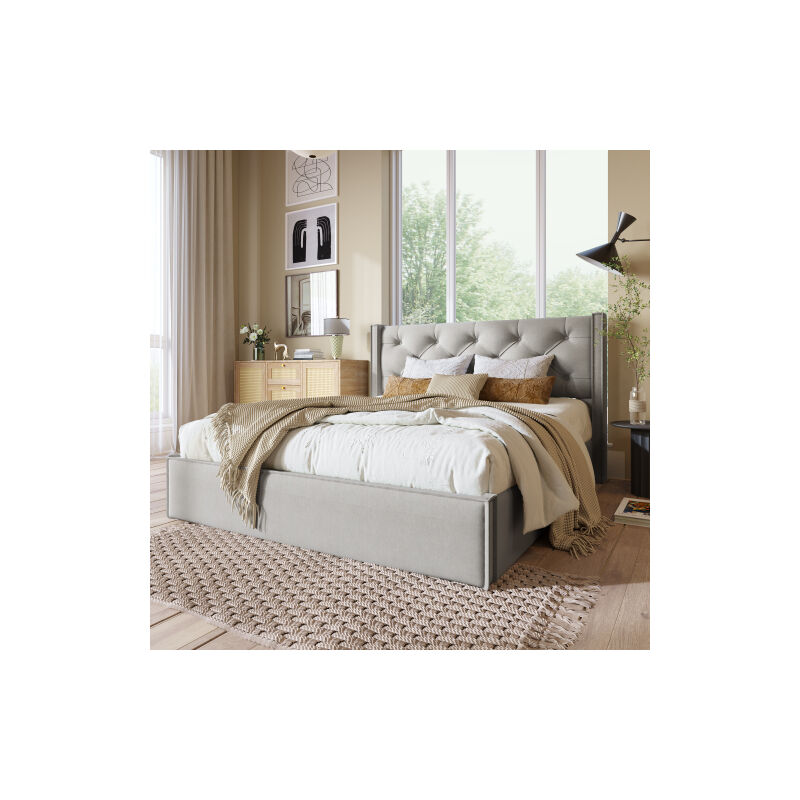Aiducho Lit double rembourré hydraulique 160x200cm, lit avec sommier à lattes en métal, sommier moderne avec espace de rangement, coton, gris clair