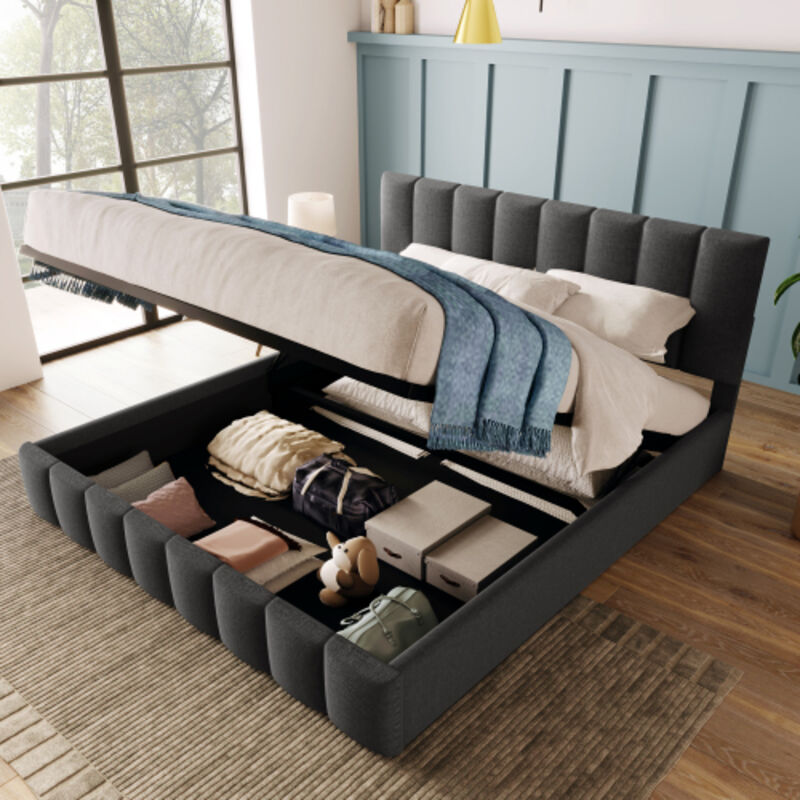 Zxpasra - aiducho Lit double rembourré hydraulique 140x200cm, tête de lit réglable, lit avec sommier à lattes en métal, matériau en lin, sommier