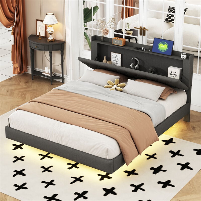 Lit double led suspendu 160x200cm, en tissu de lin, avec sommier à lattes et tête de lit avec port de chargement usb, gris