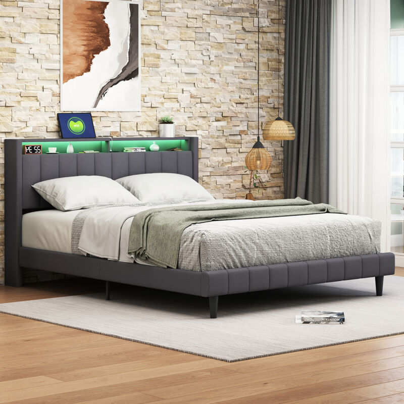 Lit double rembourré, Lit adulte capitonné, Lit adulte 140x200 cm, lit 140x200 avec led, Lit rembourré Lit 2 places avec port de chargement usb, Tête