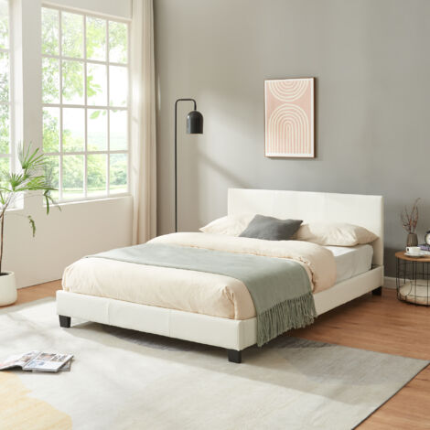 Lit double rembourré similicuir 140x200 cm – Sommier à lattes – Couleur blanc – Construction robuste – Hauteur tête de lit 78 cm – Weber Industries