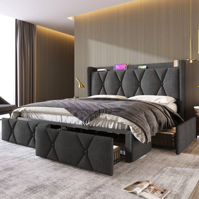 Modernluxe - Lit 160x200cm rembourré en lin - avec 4 tiroirs et Ports de recharge usb - Gris (matelas non inclus)