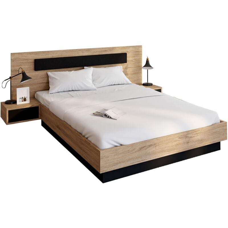 Lit double santa avec tête de lit + tables de chevet intégrées et sommier 140 x 190 cm bois et noir
