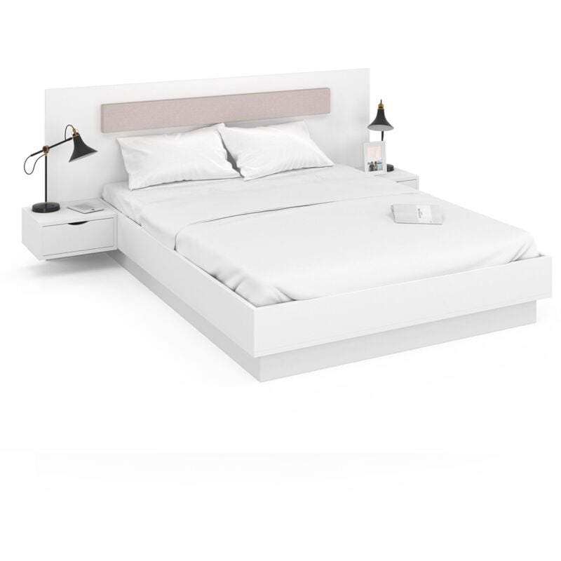 Lit double santa avec tête de lit + tables de chevet intégrées et sommier 140 x 190 cm blanc