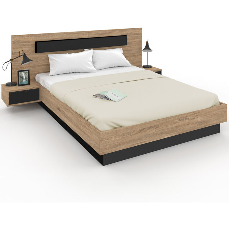 Idmarket - Lit double santa avec tête de lit + tables de chevet intégrées et sommier 160 x 200 cm bois et noir