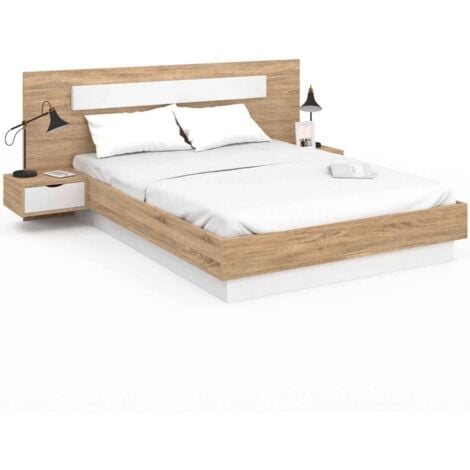 IDMARKET Lit double SANTA avec tête de lit + tables de chevet intégrées et sommier 140 x 190 cm bois et blanc