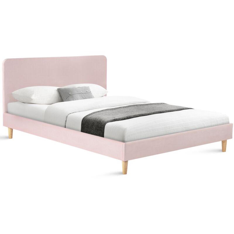 Lit double scandinave balta avec tête de lit et sommier 140 x 190 cm tissu rose clair effet velours