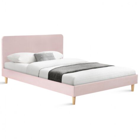 Lit double scandinave BALTA avec tête de lit et sommier 140 x 190 cm tissu rose clair effet velours