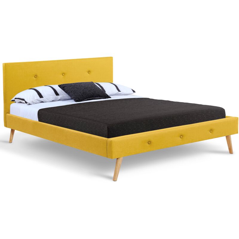 Lit double scandinave oslo avec tête de lit et sommier 140 x 190 cm tissu jaune moutarde