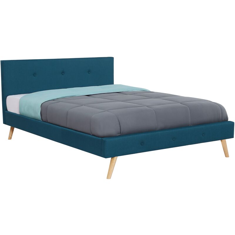 Lit double scandinave oslo avec tête de lit et sommier 160 x 200 cm tissu bleu canard