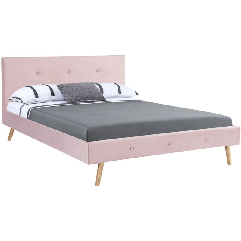 Lit double scandinave oslo avec tête de lit et sommier 140 x 190 cm tissu rose clair effet velours