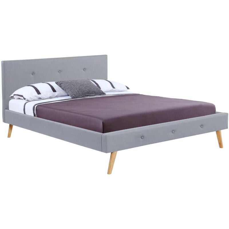 Lit double scandinave oslo avec tête de lit et sommier 160 x 200 cm tissu gris clair
