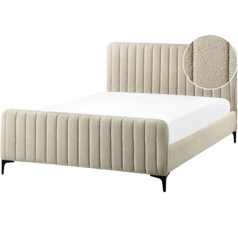 Beliani - Lit Double Sommier à Lattes avec Haute Tête de Lit et Pieds en Métal 140 x 200 cm en Tissu Bouclé Beige Lunan
