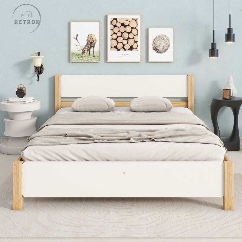 Retrok - Lit Double en Pin - Ado, Adulte, Tête et Pied de Lit en mdf, Blanc + Naturel, 140x200cm