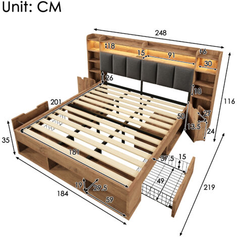 Lit double système 180x200 cm en chêne avec éclairage LED et ports USB/Type-C. Tables de chevet intégrées tiroirs coulissants bois sans matelas.