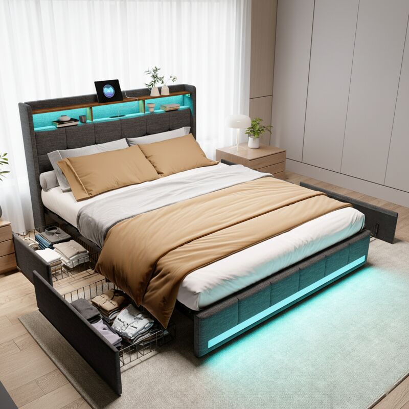 Lit 180x200 avec 4 tiroirs, lit adulte avec sommier, tête de lit avec rangement, éclairage LED, USB/Type-C, lit double capitonné lin - Gris Lit 180x200 avec 4 tiroirs, lit adulte avec sommier, tête de lit avec rangement, éclairage LED, USB/Type-C, lit double capitonné lin - Gris