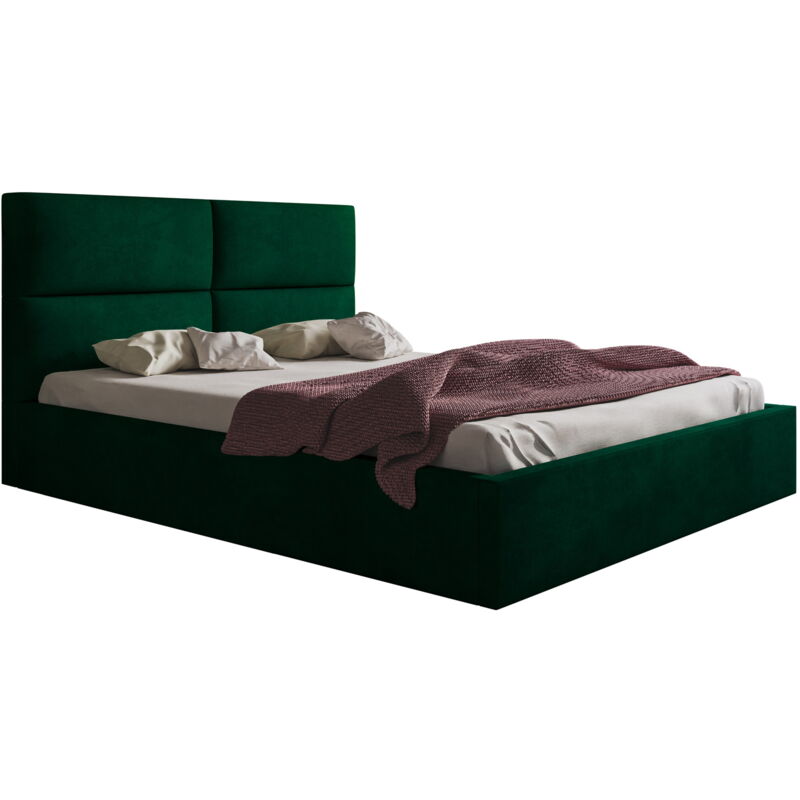Emporius - Lit double 140x200 cm Terra - Lit moderne rembourré avec coffre de lit, sommier à lattes - Tissu velours (Vert - Monolith 37)
