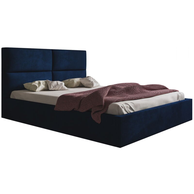 Emporius - Lit double 160x200 cm Terra - Lit moderne rembourré avec coffre de lit, sommier à lattes - Tissu velours (Bleu - Kronos 09)