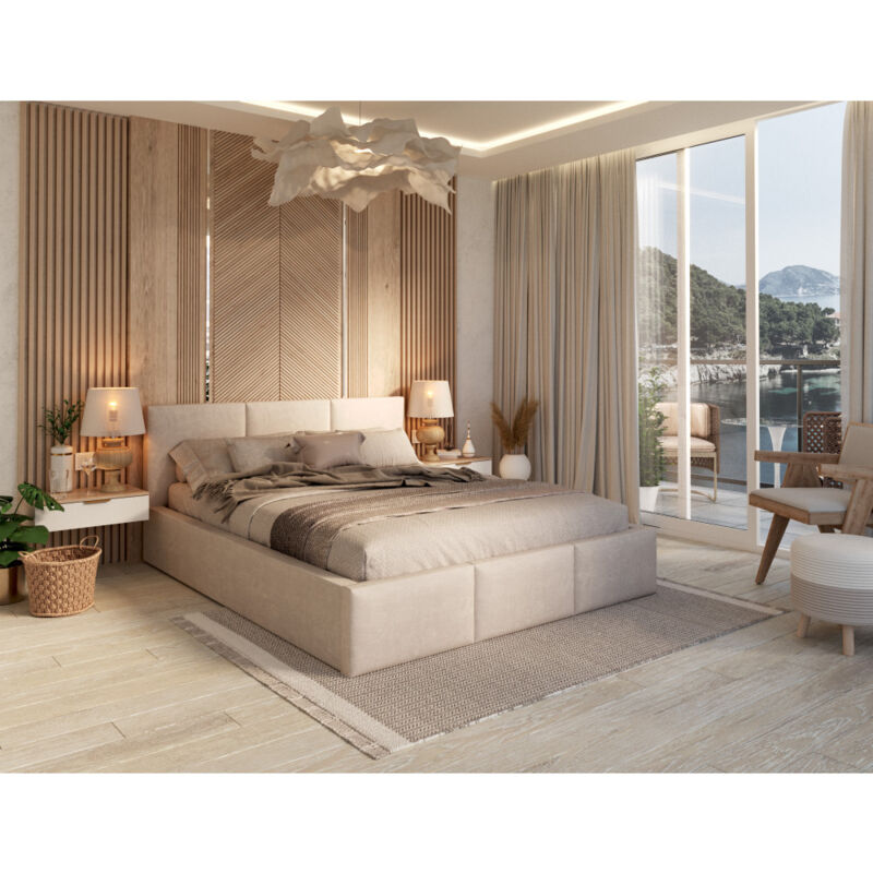 Kids Literie - Lit Double Tesia 140x190 + Coffre - Sommier inclus Crème