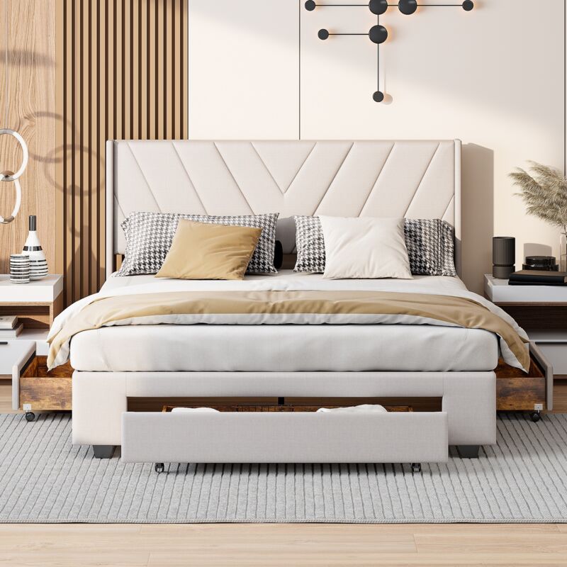 Eifson - Lit double 160x200 cm, avec 3 tiroirs en bois massif, lin, sommier à lattes, structure en métal, convient aux adultes et aux adolescents
