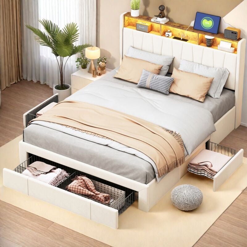 Lit 160x200cm, avec 3 tiroirs et tête de lit avec rangement, sommier à lattes, lit capitonné avec ports de charge usb, lit adultes, velours - Beige