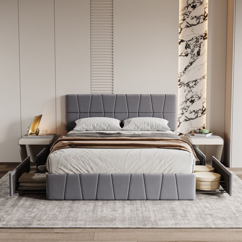 Lit double tiroir 160x200cm - avec 4 tiroirs de rangement et tête de lit, sommier à lattes, velours, lit adulte Scandinave - Gris