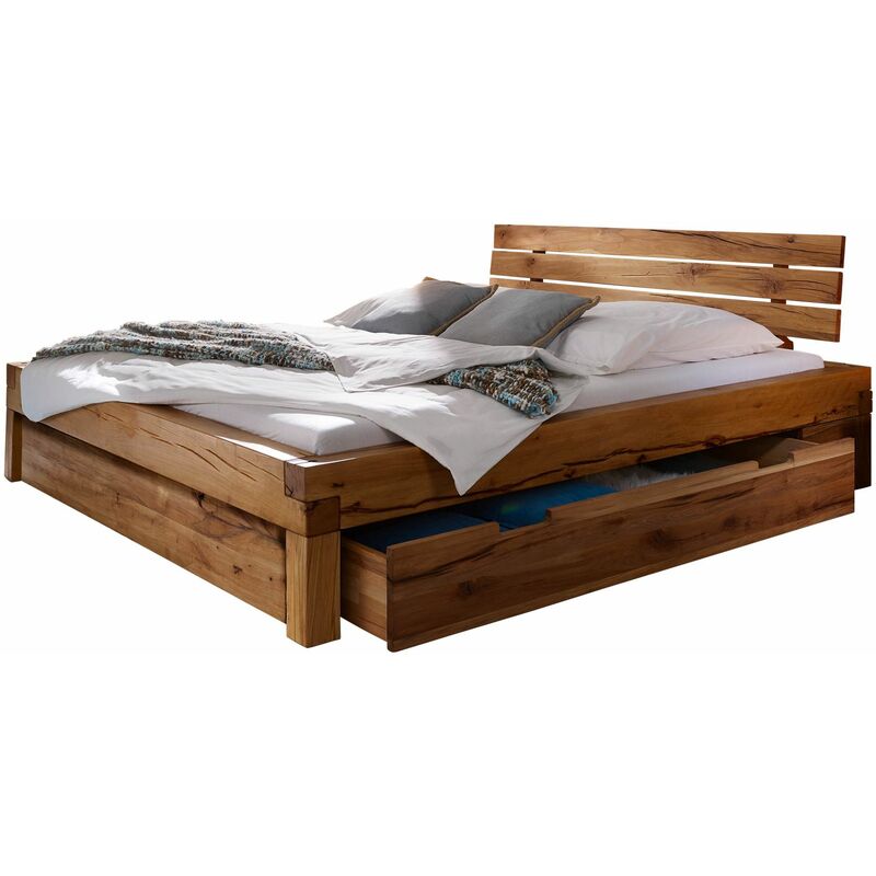 Lit double avec tiroirs 200x200 Ch&ecirc;ne sauvage huil&eacute; Bois naturel KRAKAU 404