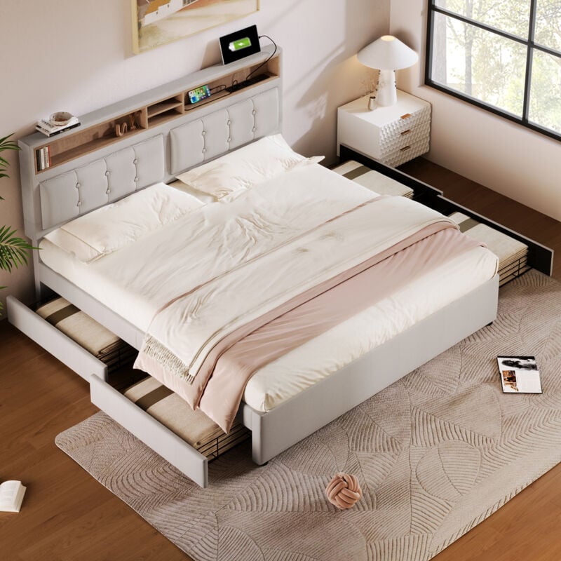 Redom - Lit double 140x200 cm, avec 4 tiroirs et prise usb c, tête de lit réglable en hauteur, sommier à lattes en bois (sans matelas), beige