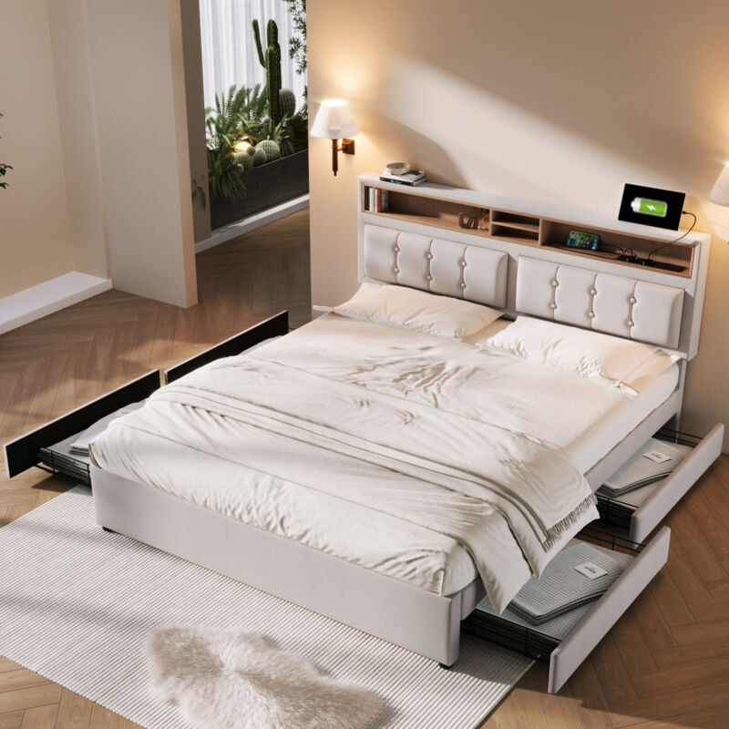 Lit double 160x200 cm, avec 4 tiroirs et prise usb c, tête de lit réglable en hauteur, sommier à lattes en bois (sans matelas), beige