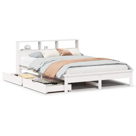 Lit Double,Lit Adulte Lit bibliothèque sans matelas blanc 160x200 cm bois pin massif CFW30520