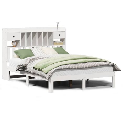 Lit Double，Lit Adulte  Lit bibliothèque sans matelas blanc 160x200 cm bois pin massif CFW96150