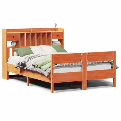 Lit Double，Lit Adulte  Lit bibliothèque sans matelas cire marron 160x200 cm pin massif CFW24163
