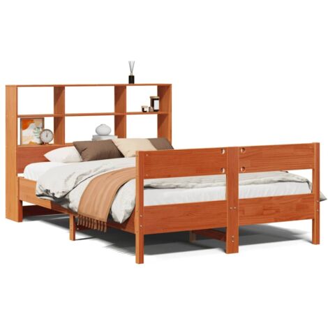 Lit Double，Lit Adulte  Lit bibliothèque sans matelas cire marron 160x200 cm pin massif CFW85297