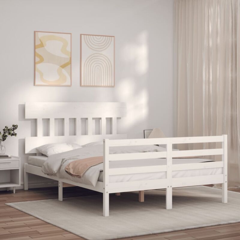 Lit double,Lit Adulte,Cadre de lit avec tête de lit blanc 140x190 cm bois massif CFW305464 CFW640023