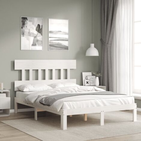 Lit double，Lit Adulte，Cadre de lit avec tête de lit blanc 140x190 cm bois massif CFW783941 CFW171702