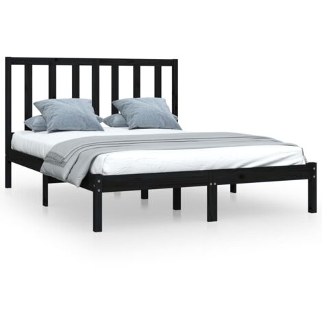 Lit double，Lit adulte，Cadre de lit sans matelas noir bois de pin massif 140x190 cm CFW3636437