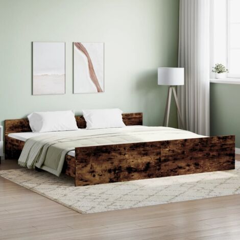 Lit double，Lit adulte，Cadre de lit tête de lit et pied de lit chêne fumé 200x200 cm636751