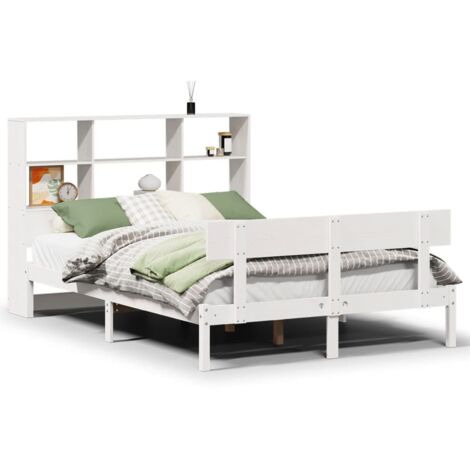 Lit Double，Lit Adulte，Lit bibliothèque sans matelas blanc 160x200 cm bois pin massif CFW579198