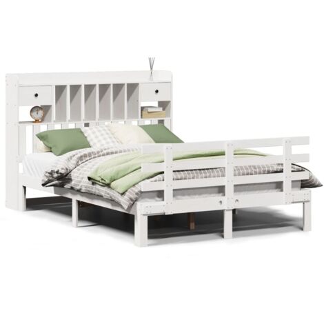 Lit Double,Lit Adulte,Lit bibliothèque sans matelas blanc 160x200 cm bois pin massif CFW904900