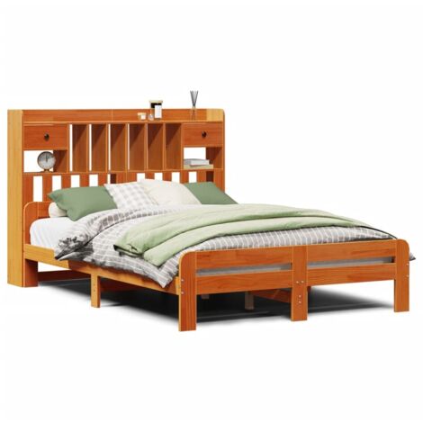 Lit Double，Lit Adulte，Lit bibliothèque sans matelas cire marron 160x200 cm pin massif CFW876891