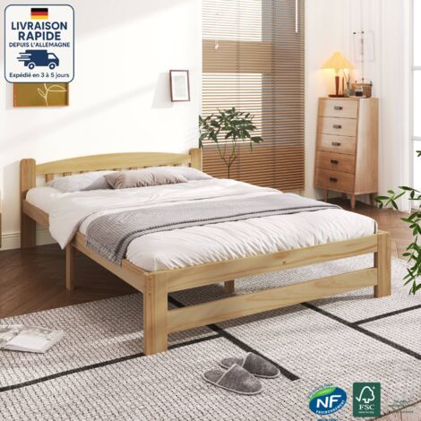 Lit doubles pour adultes/enfants 140x200cm, sommier à lattes, bois, sans matelas, naturel