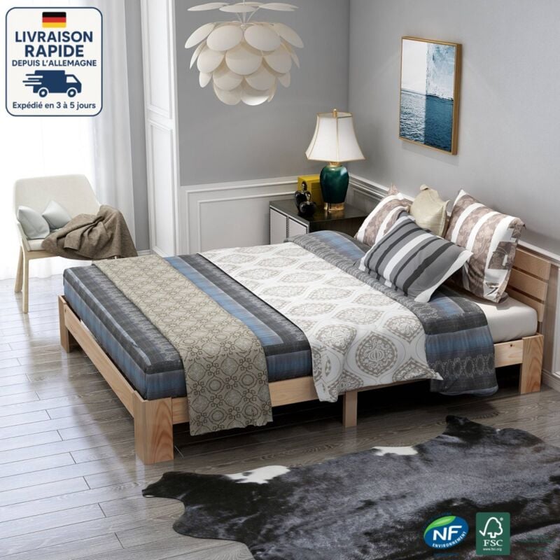 Modfu - Lit doubles pour adultes/enfants 140x200 cm, sommier à lattes, bois, sans matelas, naturel
