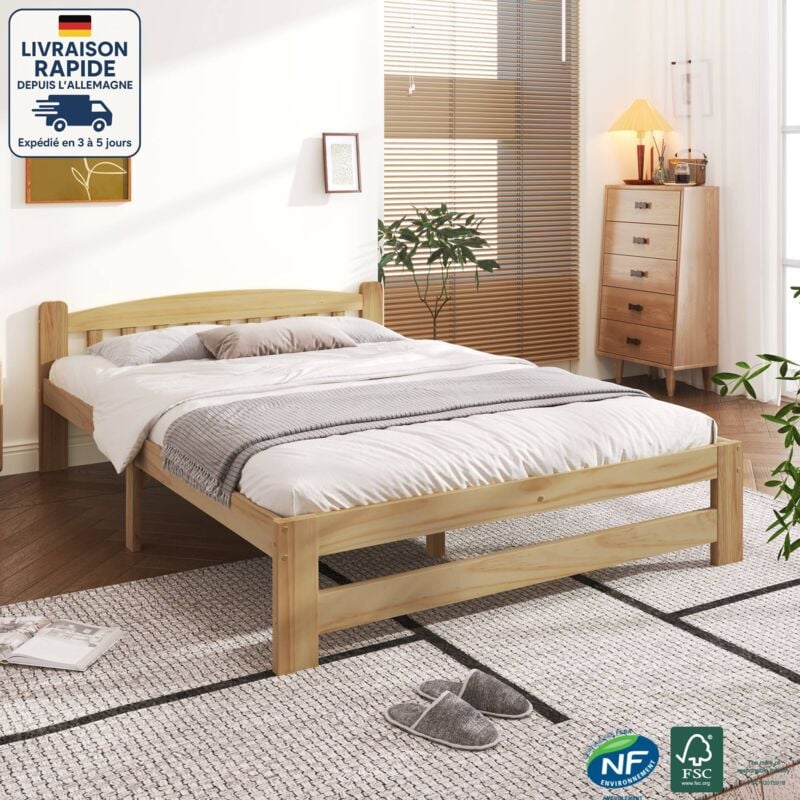 Modfu - Lit doubles pour adultes/enfants 140x200cm, sommier à lattes, bois, sans matelas, naturel