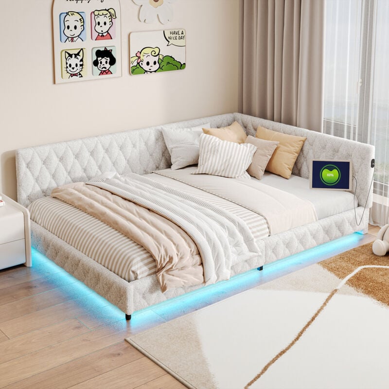 Fortuna Lai - Lit doule 140x200cm - canapé-lit méridienne avec sommier à lattes (sans matelas), led, port usb, Type-C - tissu peluche blanc