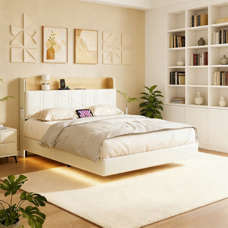 Lit Effet Flottant 140×200 CM avec lumières LED et USB, Cadre de lit Flottant 1400×200 CM avec Étagère Ouverte, Lits Rembourré Design Suspendu en PU