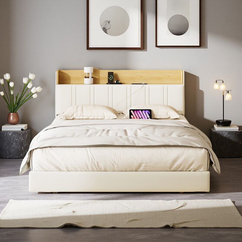 Lit Effet Flottant 140×190 CM avec lumières LED et USB, Cadre de lit Flottant 1400×190 CM avec Étagère Ouverte, Lits Rembourré Design Suspendu en PU